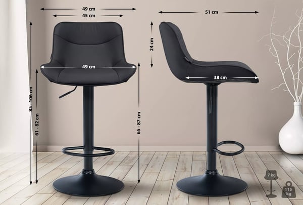 Set med 2 svarta barstolar i konstläder med metallram, justerbar höjd och snurrfunktion