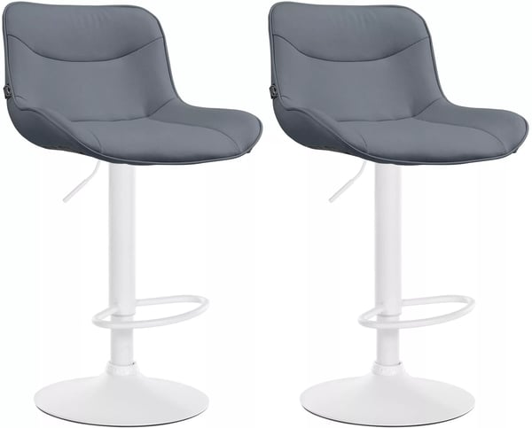 Set med 2 grå barstolar i konstläder med metallfot, höjdjusterbara och svängbara