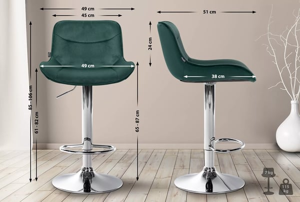 Set med 2 Vonore Gröna Sammet Barstolar med Metallram, Justerbar Höjd, Svängbar och Fotstöd - Modern & Bekväm