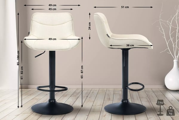 Sæt med 2 cremefarvede stofbarstole med metalstel