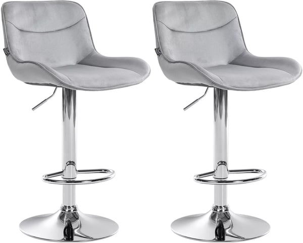 2x grå sammetsbarstolar med metallbas, höjdjusterbara, svängbara, vadderad sits, fotstöd - modern design för kök/bar
