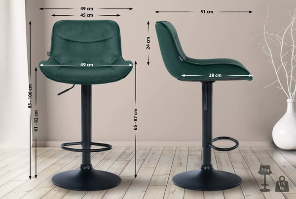 Set med 2 gröna barstolar i sammet med metallram och fotstöd