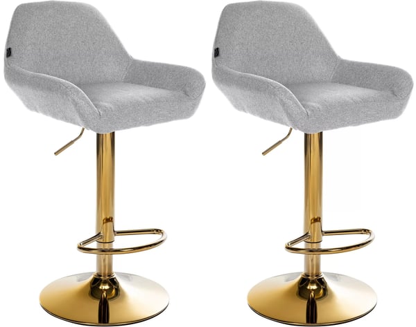 Set med 2 grå barstolar i tyg med metallram