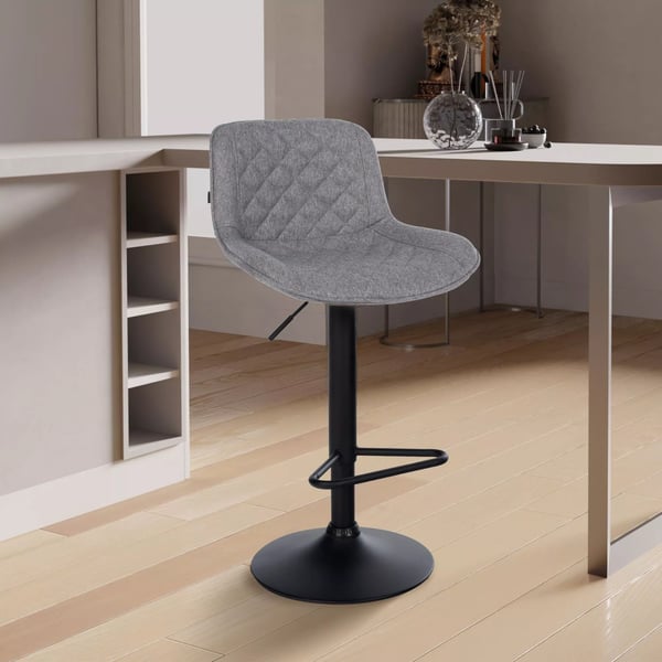 Kasson Mørkegrå Barstol i Stof med Mat Sort Metalstel, Højdejusterbar, Drejefunktion, 57-79 cm