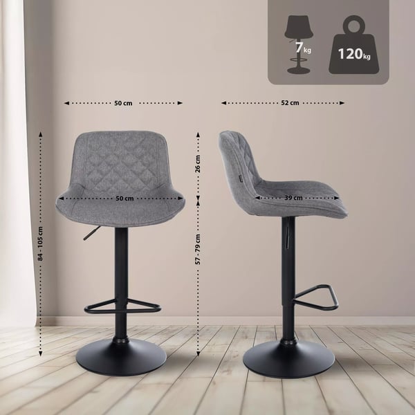 Kasson Mørkegrå Barstol i Stof med Mat Sort Metalstel, Højdejusterbar, Drejefunktion, 57-79 cm