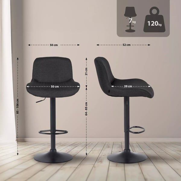 Solon sort stof barstol med mat sort metalramme, højdejusterbar, drejelig, fodstøtte og 360° drejefunktion