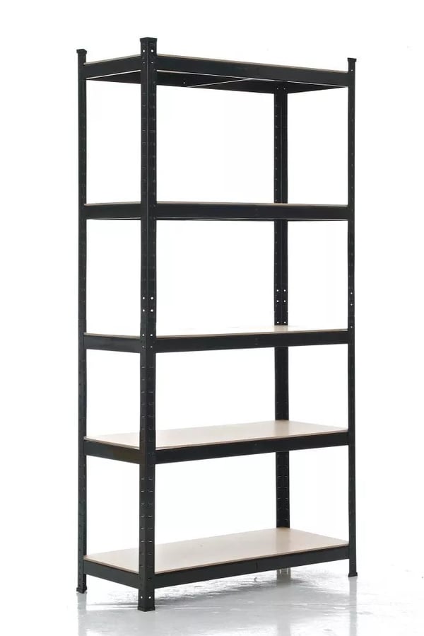 Kraftig sort metalreol, 90x40x180 cm, 5 justerbare hylder, 175 kg kapacitet pr. hylde, værktøjsfri montering