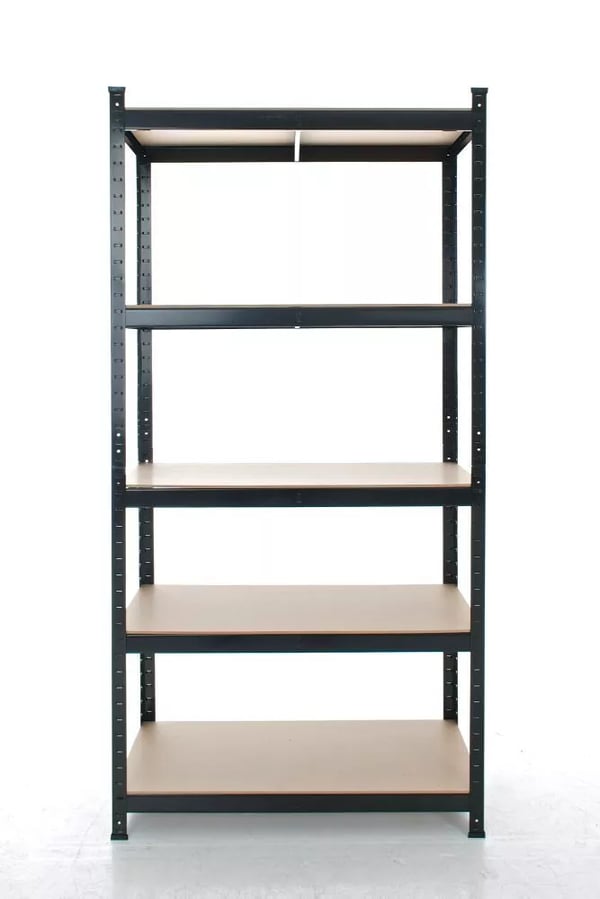 Kraftig sort metalreol, 90x40x180 cm, 5 justerbare hylder, 175 kg kapacitet pr. hylde, værktøjsfri montering