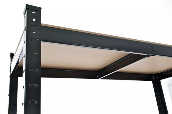 Kraftig sort metalreol, 90x40x180 cm, 5 justerbare hylder, 175 kg kapacitet pr. hylde, værktøjsfri montering