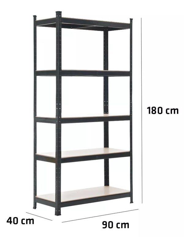 Kraftig sort metalreol, 90x40x180 cm, 5 justerbare hylder, 175 kg kapacitet pr. hylde, værktøjsfri montering