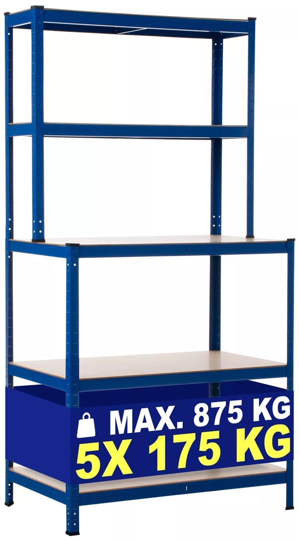 Blå metallhylla utan bultar med arbetsbänk - 5 hyllplan, 175 kg kapacitet per hyllplan, 100x60x30x180cm
