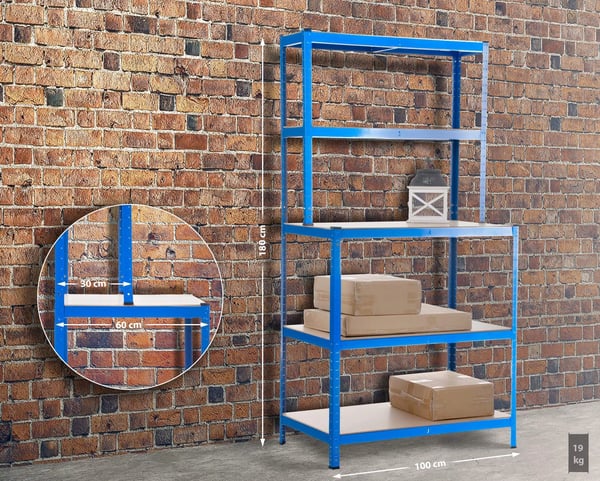 Blå Metal Boltfrit Reol med Arbejdsbænk - 5 Hylder, 175 kg Kapacitet pr. Hylde, 100x60x30x180cm