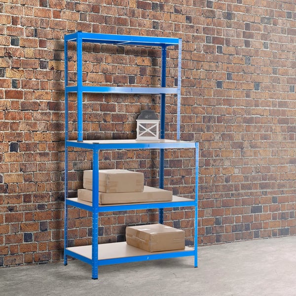 Blå Metal Boltfrit Reol med Arbejdsbænk - 5 Hylder, 175 kg Kapacitet pr. Hylde, 100x60x30x180cm