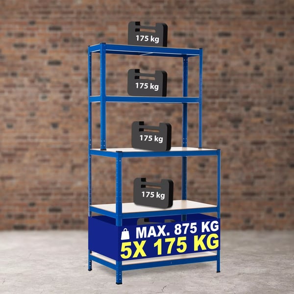 Blå Metal Boltfrit Reol med Arbejdsbænk - 5 Hylder, 175 kg Kapacitet pr. Hylde, 100x60x30x180cm