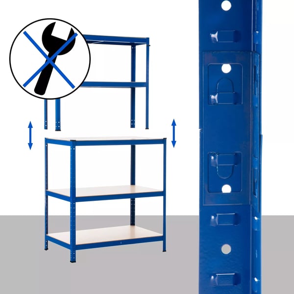 Blå Metal Boltfrit Reol med Arbejdsbænk - 5 Hylder, 175 kg Kapacitet pr. Hylde, 100x60x30x180cm