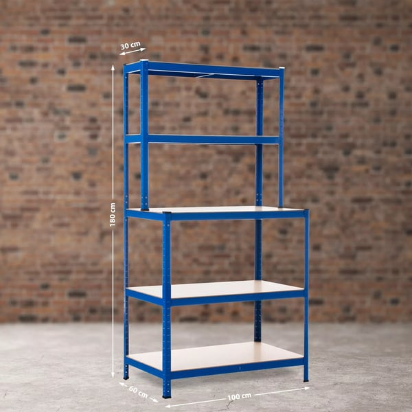 Blå Metal Boltfrit Reol med Arbejdsbænk - 5 Hylder, 175 kg Kapacitet pr. Hylde, 100x60x30x180cm