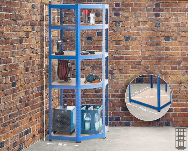 Flint 180 cm metalhjørnereol - blå, 5 hylder, 875 kg total bæreevne