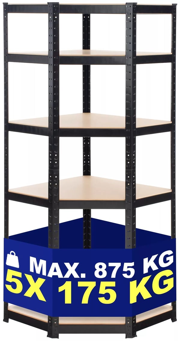 Flint 180 cm Sort Metal Hjørnereol - 5 Hylder Kraftig Opbevaringsreol, 175 kg pr. Hylde Kapacitet