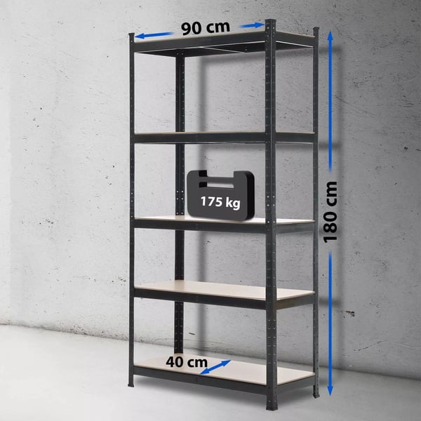 Sort metalopbevaringsreol 90x40x180 cm, 175 kg pr. hylde, værktøjsfri montering
