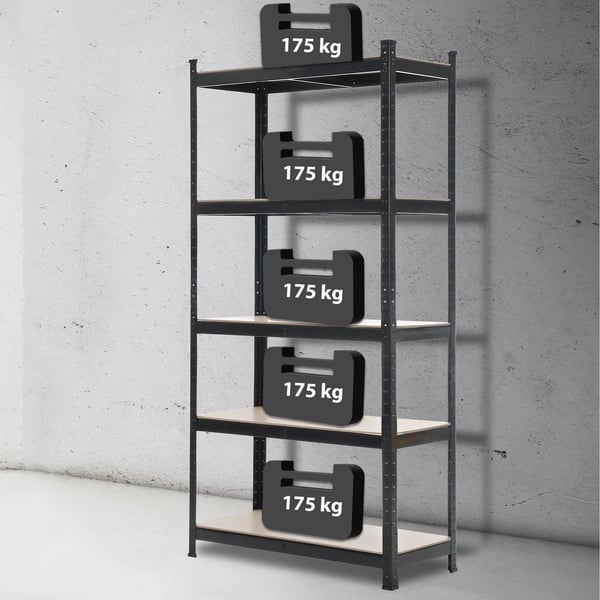 Sort metalopbevaringsreol 90x40x180 cm, 175 kg pr. hylde, værktøjsfri montering