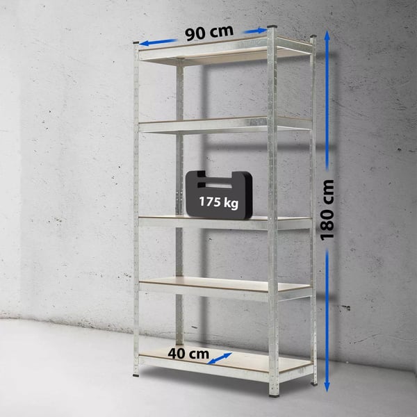 Sølv Metal Opbevaringsreol 90x40x180cm, 5 Niveauer, 175 kg Kapacitet pr. Hylde, Værktøjsfri Montering