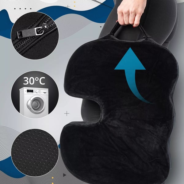 Ergonomisk sædepude - Sort stof - Trykaflastning og holdningsstøtte - Kølende gel - Maskinvaskbart betræk - 110 kg maks. belastning