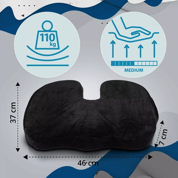 Ergonomisk sædepude - Sort stof - Trykaflastning og holdningsstøtte - Kølende gel - Maskinvaskbart betræk - 110 kg maks. belastning