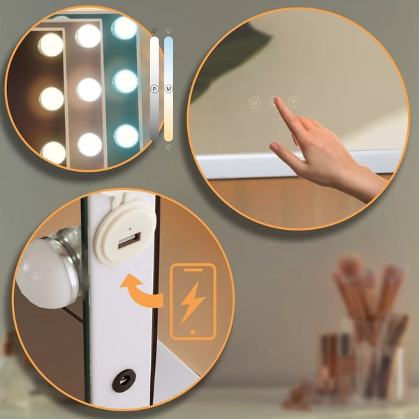 Murrieta Forfængelighedsspejl med LED-lys, Touch Control, USB-port, Hvid Plastik