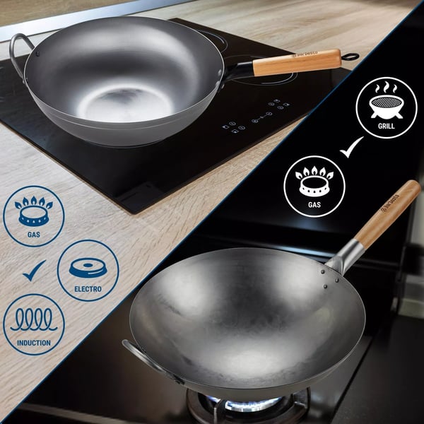 34 cm Wok-sæt i kulstofstål med flad bund, træhåndtag, spatel og opskriftsbog - Natura Metal