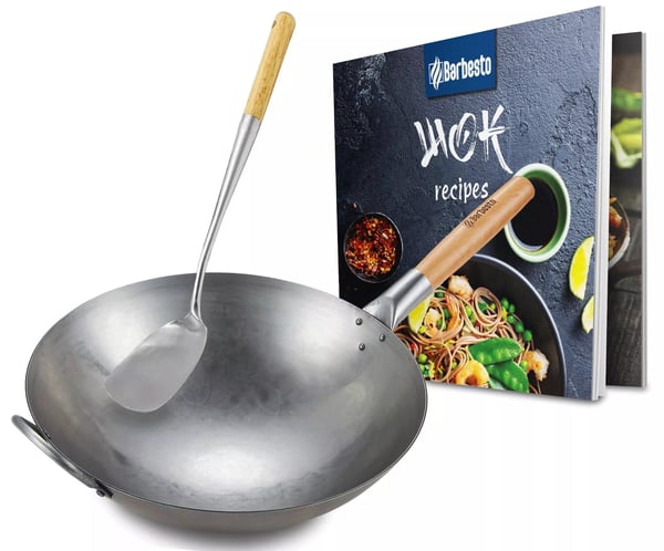 36 cm håndhamret kulstofstål wok-sæt med rund bund, træhåndtag og spatel - naturligt metal