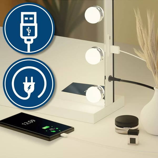 Meikkipeili LED-valoilla ja Suurennuslasilla, 3 Värillä, Himmennettävä, USB-Portit, Valkoinen Metallirunko