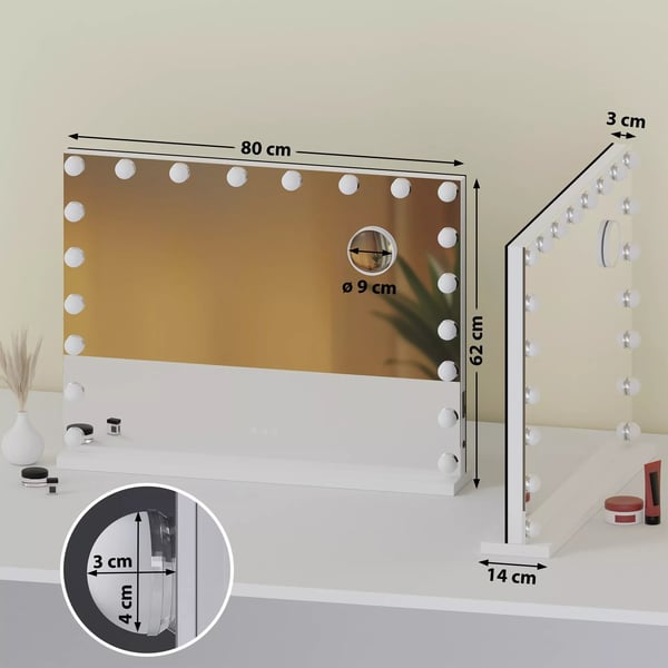 Meikkipeili LED-valoilla ja Suurennuslasilla, 3 Värillä, Himmennettävä, USB-Portit, Valkoinen Metallirunko
