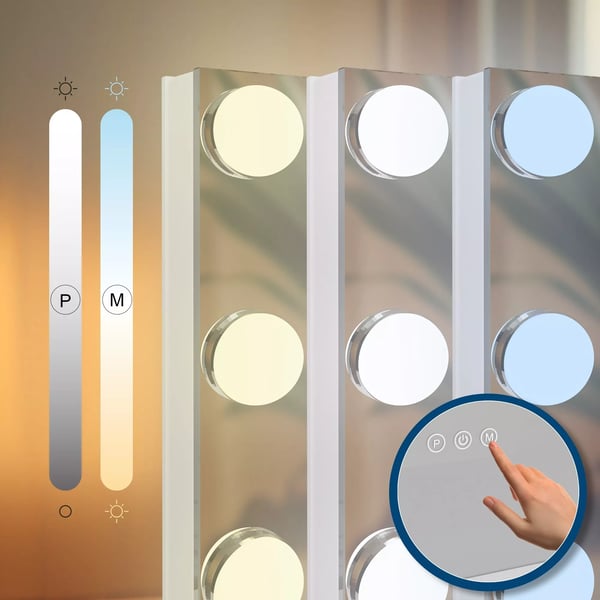 Meikkipeili LED-valoilla ja Suurennuslasilla, 3 Värillä, Himmennettävä, USB-Portit, Valkoinen Metallirunko
