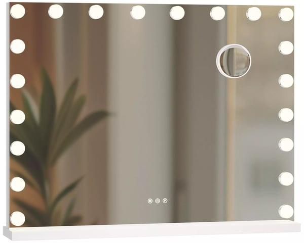 Meikkipeili LED-valoilla ja Suurennuslasilla, 3 Värillä, Himmennettävä, USB-Portit, Valkoinen Metallirunko