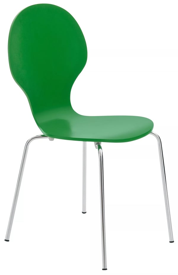 Stapelbar besöksstol Diego, grön trä sits, kromfärgad metallram, ergonomisk, 120 kg maxlast, 43x45x86cm
