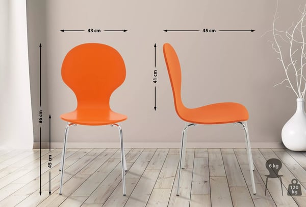 Sæt med 2 Diego stabelbare besøgsstole - Orange træ med krom-look metalramme