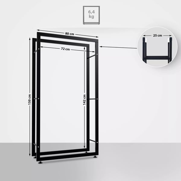 Teline Keri V2, Puuteline Puulle, Musta Metalli, 25x80x150cm