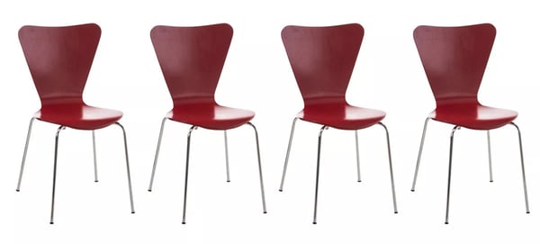 Set med 4 röda besöksstolar i trä med kromfärgad metallram - Calisto Design, stapelbara