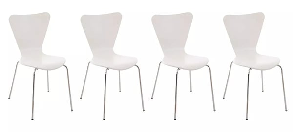 Set med 4 besöksstolar Calisto, vit trä sits, kromfärgad metallram, stapelbar, ergonomisk design