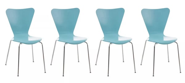 Set med 4 Calisto besöksstolar - Ljusblå trä sits, kromfärgad metallram, stapelbar
