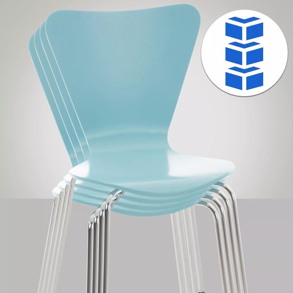 Set med 4 Calisto besöksstolar - Ljusblå trä sits, kromfärgad metallram, stapelbar