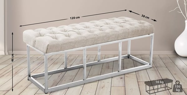Amun Creme Stofbænk med Rustfrit Stålramme - 120 cm Bredde