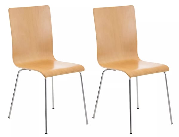 Sæt med 2 Pepe gæstestole - Ergonomisk træsæde med krom-look metalstel, naturlig finish