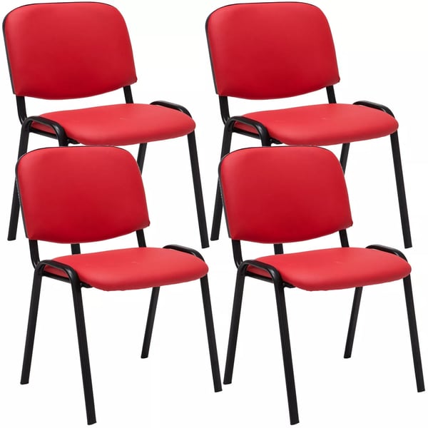 Set med 4 röda besöksstolar i konstläder med matt svart metallram