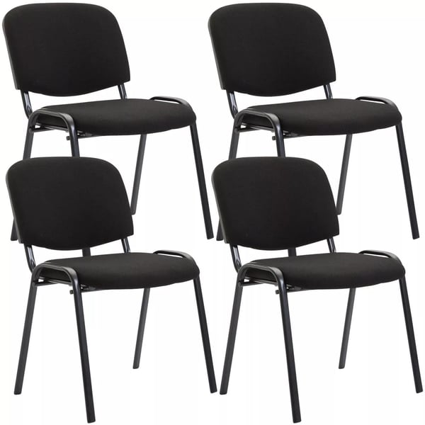 Set med 4 Ken svarta tygbesöksstolar med matt svart metallram, stapelbara