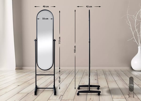 Nane Ovaali Seisova Peili, Musta Metalli 155cm Korkea, Pyörillä