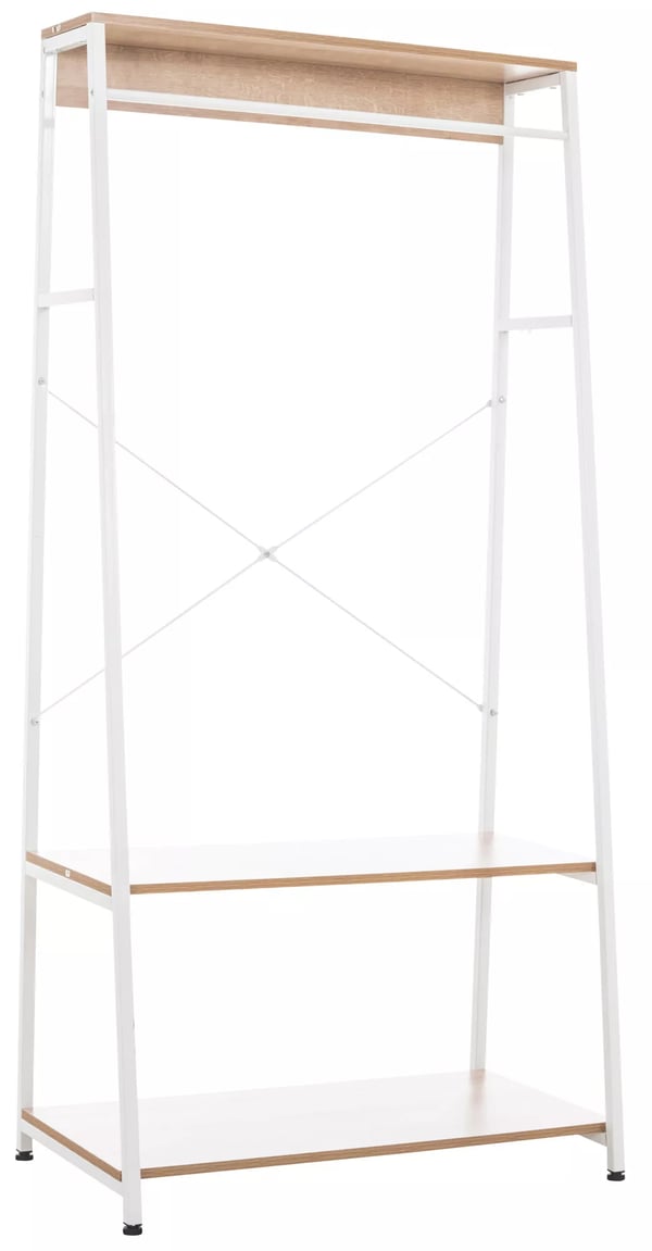 Puinen vaateteline metallihyllyillä, 80x44x167 cm, luonnonvalkoinen