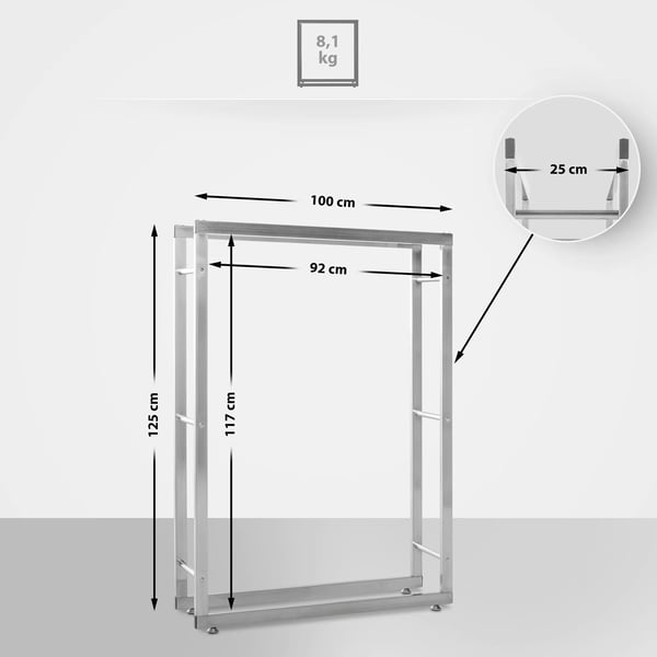 Ruostumaton teräs Kaminipuuteline Keri V2 25x100x125cm, 3 poikkitankoa per puoli