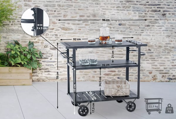 Spring Serveringsvogn - Antik Sølvmetal med To Hylder, 78 cm Højde, 96 cm Bredde