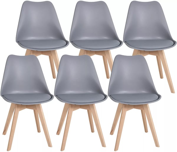 Set med 6 Ramsey matstolar - grå plastsits med konstläder, bokträram